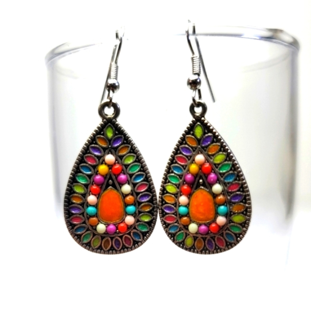 Rainbow Colorful Teardrop Earrings With Ridged Silver Back NWOT